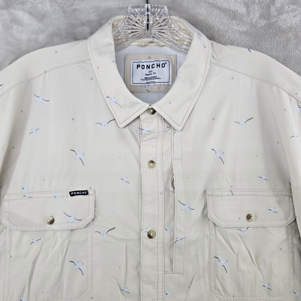 Poncho Fishing Shirt Mens XXL Tan Seagull Print Short Sleeve Magnetic Pockets